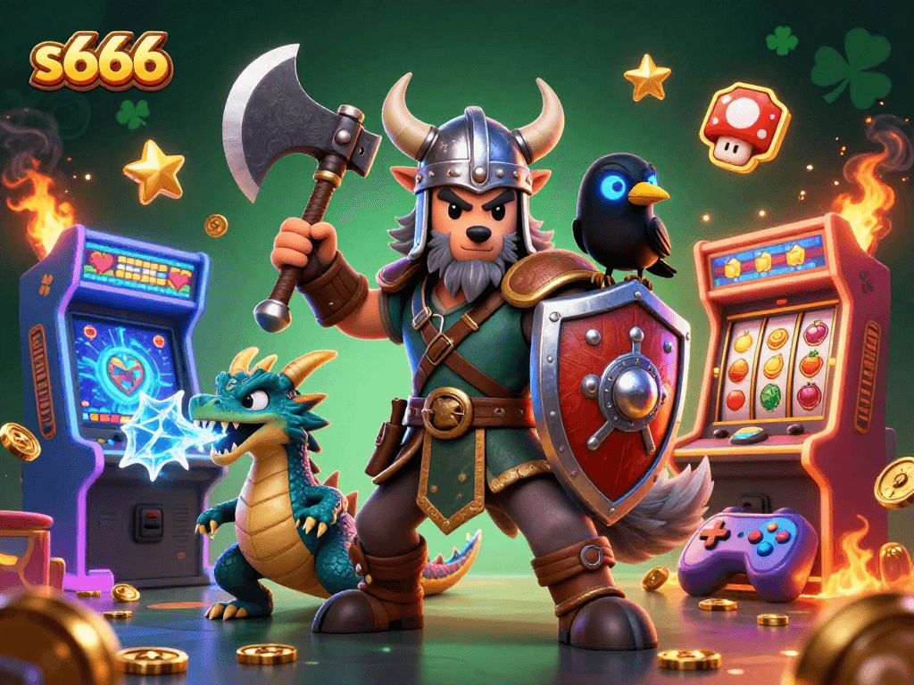 s666 features a Viking wolf warrior, fierce dragon, and raven amidst casino games and vibrant gold elements