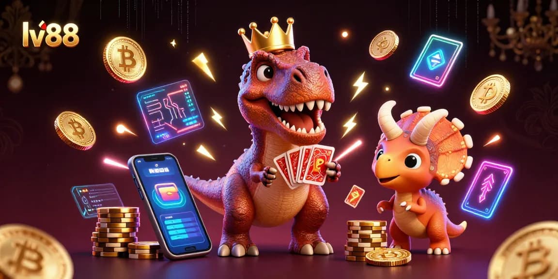 Join the fun at lv88 with a T-Rex shuffling cards and a triceratops stacking chips!