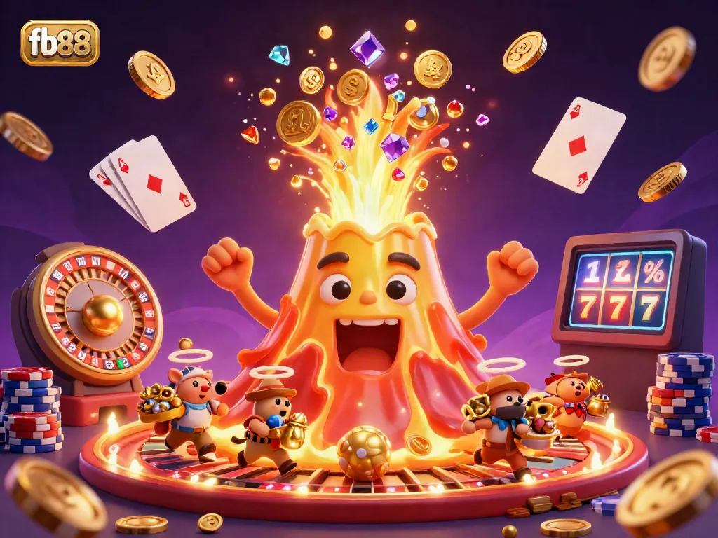 Experience thrilling gameplay at fb88 with vibrant casino elements and a golden volcano erupting coins.