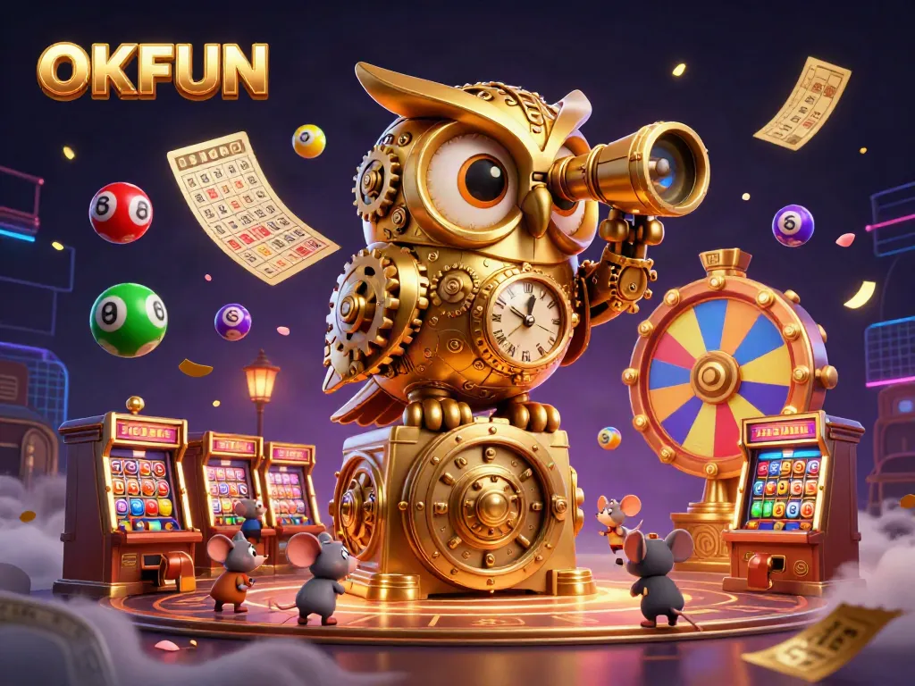 Engage in thrilling gaming adventures at OKFUN, featuring a massive golden owl on a casino vault.