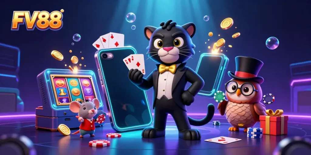 Engage with FV88 in a vibrant casino scene featuring a stylish black panther dealer, an owl with poker chips, and a lucky mouse.