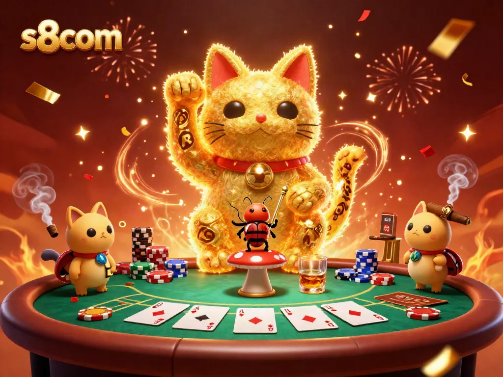 Win big with the vibrant casino world of s8com, featuring a lucky cat and rich poker elements.