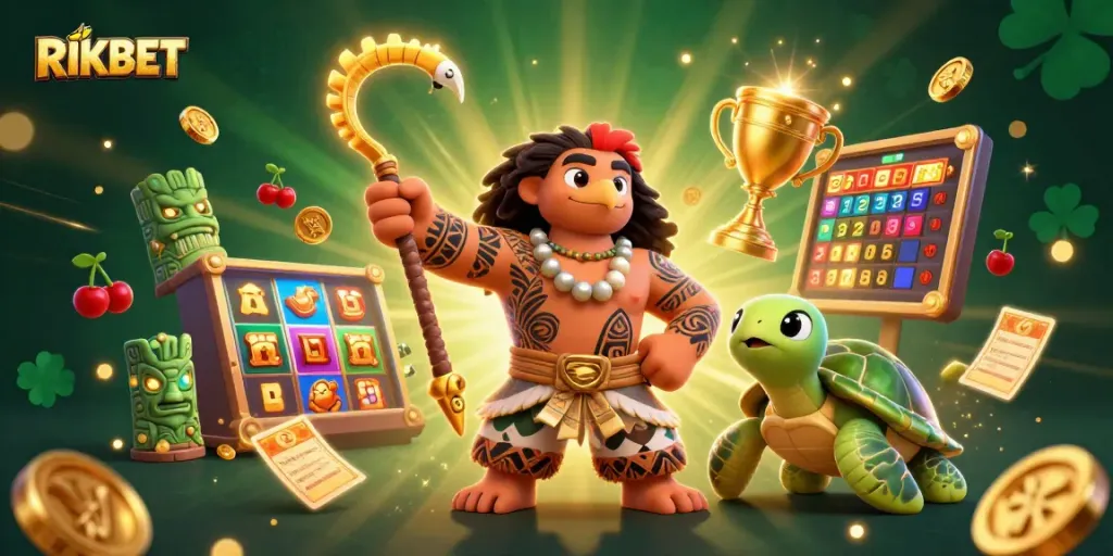Experience the fun of RIKBET with a dynamic illustration of a Polynesian demigod and symbols of slots and jackpots.