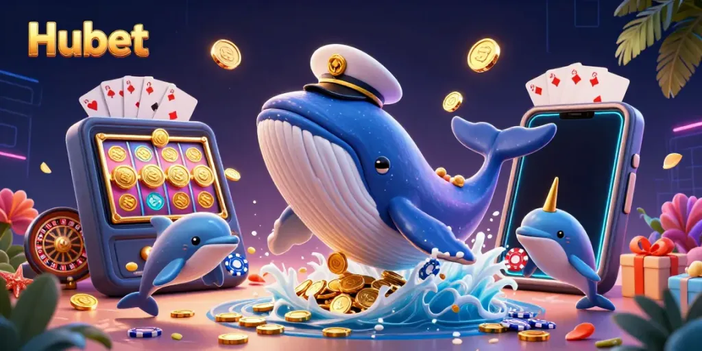Hubet showcases an exciting cartoon whale, narwhal, and dolphins amidst vibrant casino elements, highlighting playful gambling.