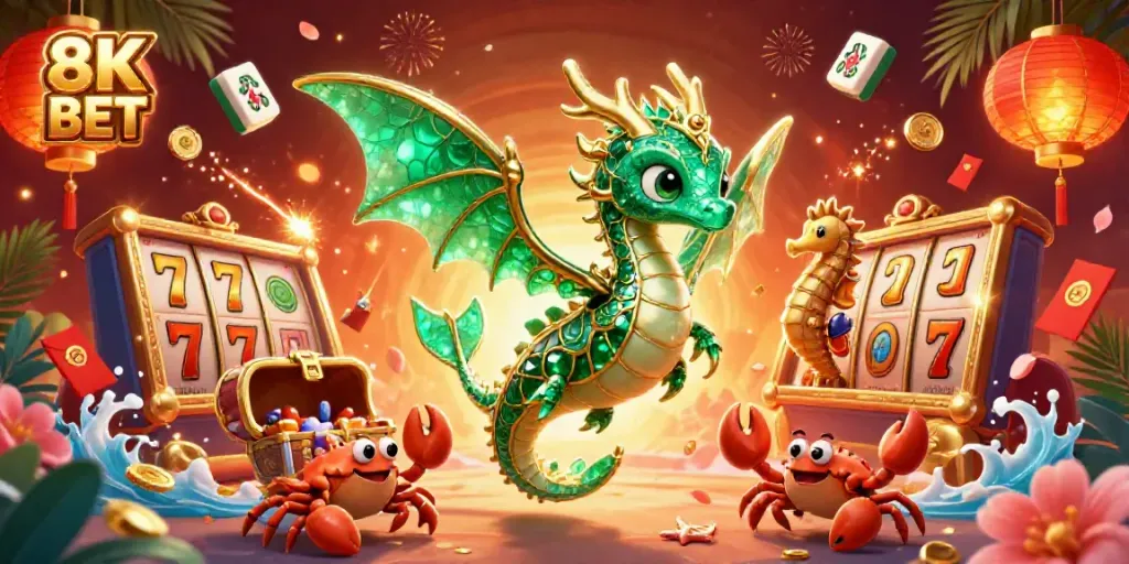 Engage in thrilling gameplay at 8K BET with vibrant slot reels and a sparkling casino backdrop.