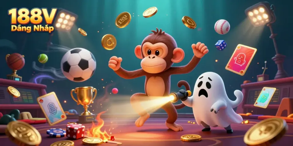 Experience the excitement of 188V Đăng Nhập with a playful poltergeist monkey juggling golden treasures.