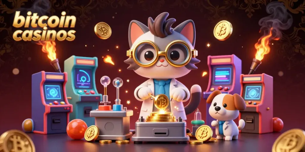 Experience the excitement of bitcoin casinos with a mad scientist cat and a dog assistant in this vibrant 3D illustration.
