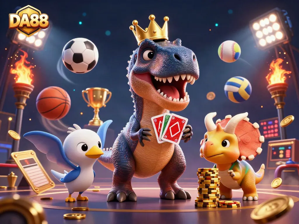 Experience thrilling sports betting fun with DA88, featuring a T-Rex and friends in a casino environment.