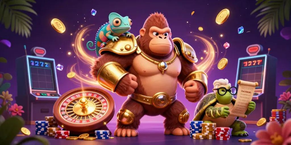 Experience thrilling gameplay at abc8 with a powerful gorilla king and chameleon spy amidst cascading coins and roulette.