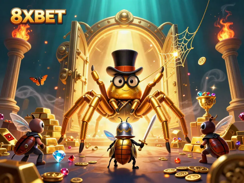 Experience the thrill of 8XBET with a vibrant casino scene featuring dynamic characters and treasures.