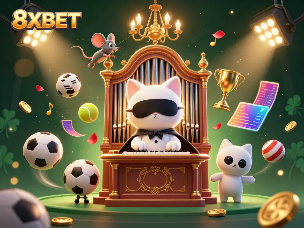 8XBET promotional illustration showcasing a vibrant casino scene with dynamic characters and game elements.