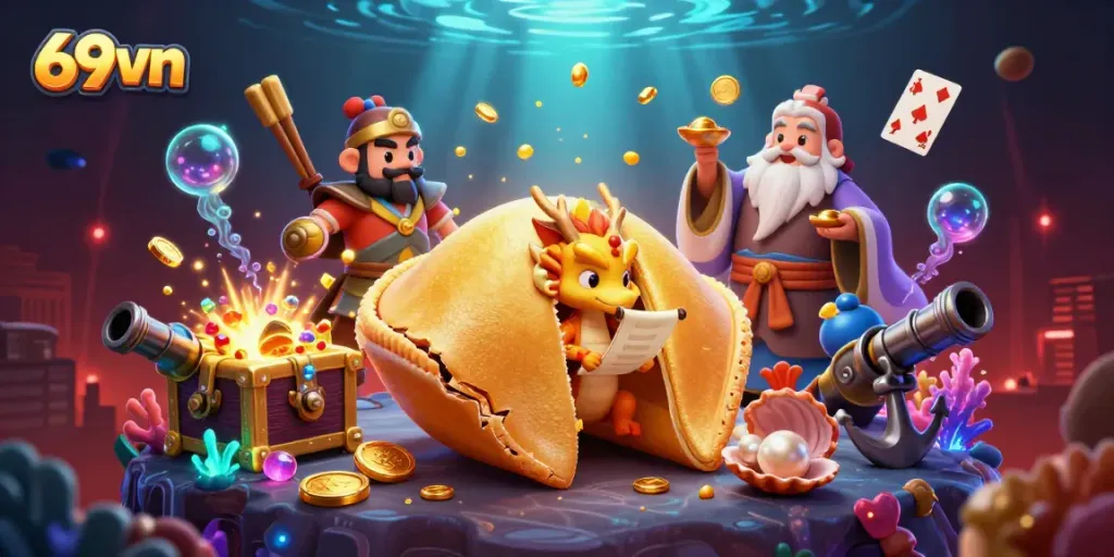 Experience thrilling wins with 69vn's rich casino elements, featuring a wise dragon in a fortune cookie.