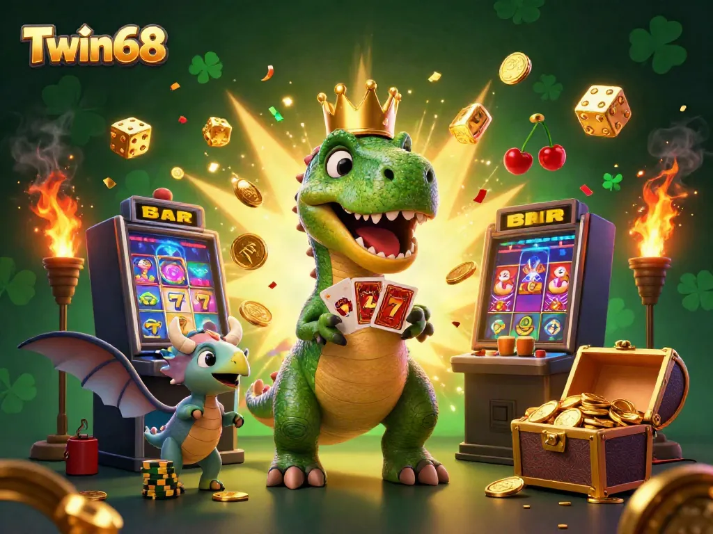 Experience the fun of Twin68 as a T-Rex shuffles cards with a pterodactyl's help amidst a jackpot explosion.