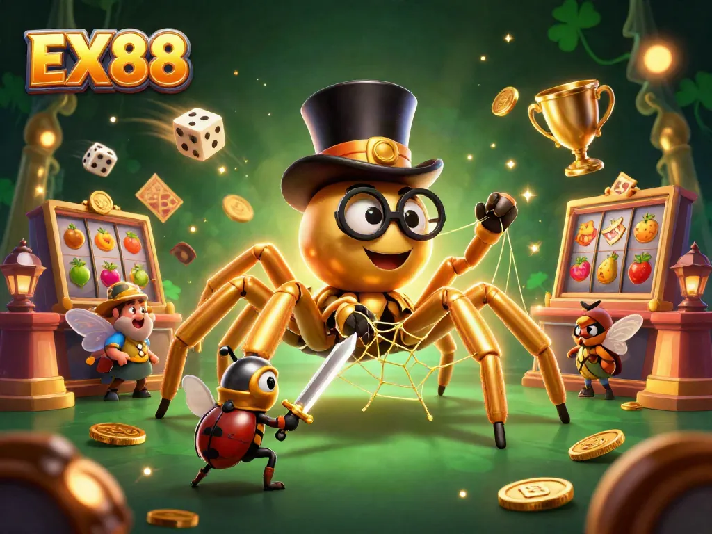 Engage in thrilling casino action with the dynamic EX88 illustration featuring a golden tarantula and beetle knight.