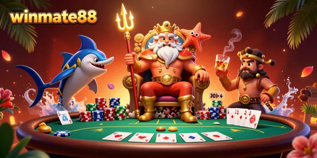 Experience thrilling poker action at winmate88 with Neptune and companions in this vibrant casino illustration.