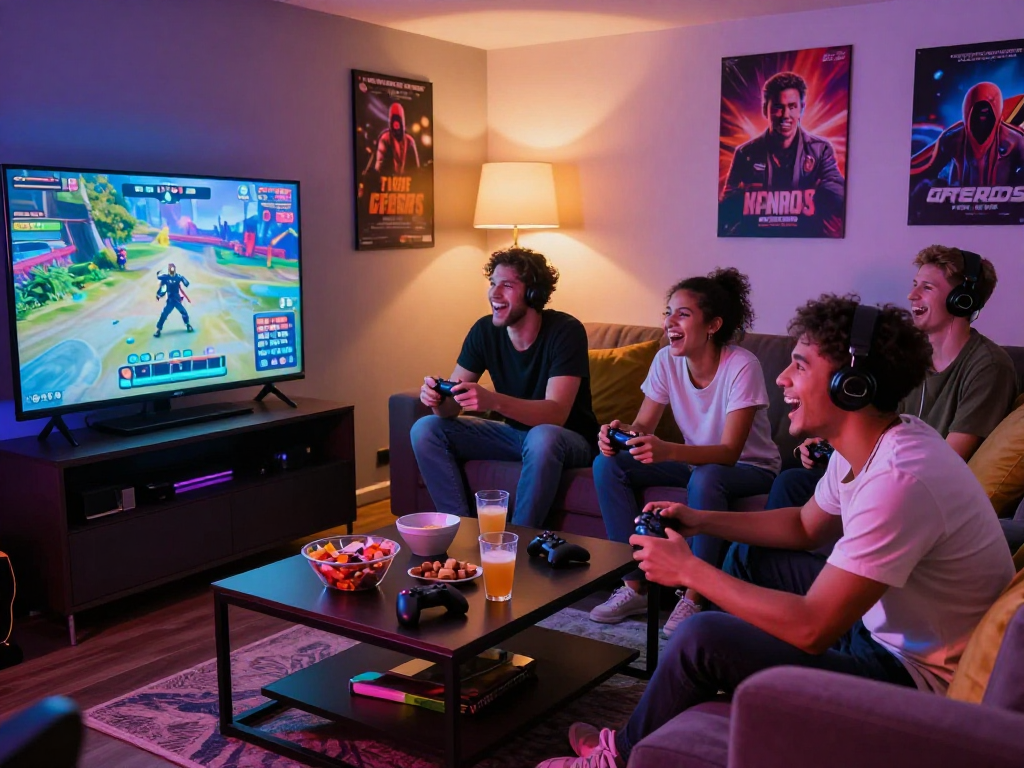 Friends enjoying a lively gaming session with a porno game in a vibrant lounge.
