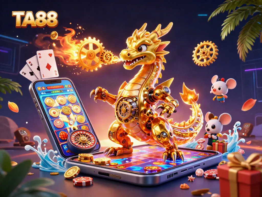 Experience TA88 with a golden dragon exhaling gears in a vibrant casino scene filled with dynamic gaming elements.