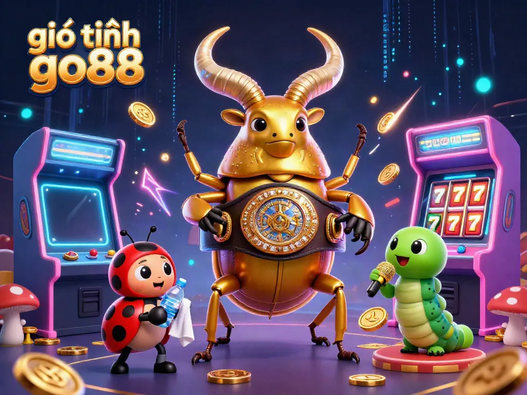 Engaging giới thiệu go88 illustration showcasing casino elements with a giant stag beetle and dynamic characters.