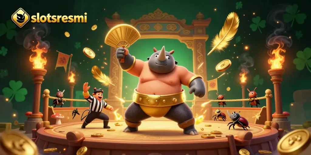 Experience thrilling gameplay at slotsresmi with a vibrant 3D illustration of a sumo beetle champion.