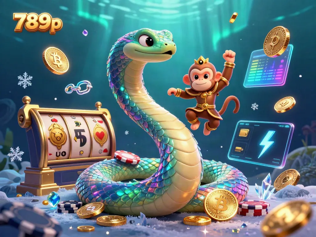 Engage with 789p's vibrant casino action featuring a playful monkey king and a magical rainbow serpent amidst colorful casino elements.