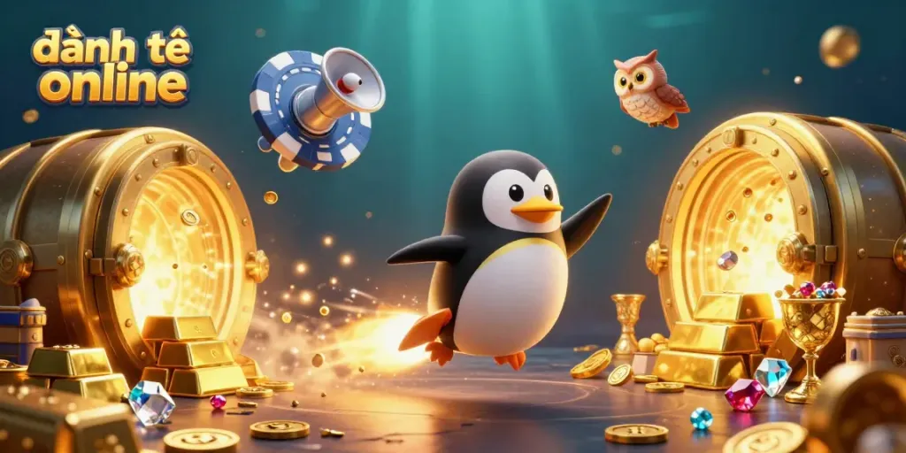 Experience thrilling đánh đề online action in this vibrant 3D illustration showcasing a golden penguin and treasures.