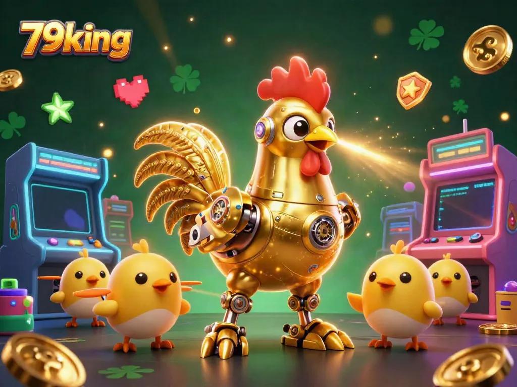 Join the fun with 79king's golden rooster robot and baby chick drones in a vibrant casino gaming scene!
