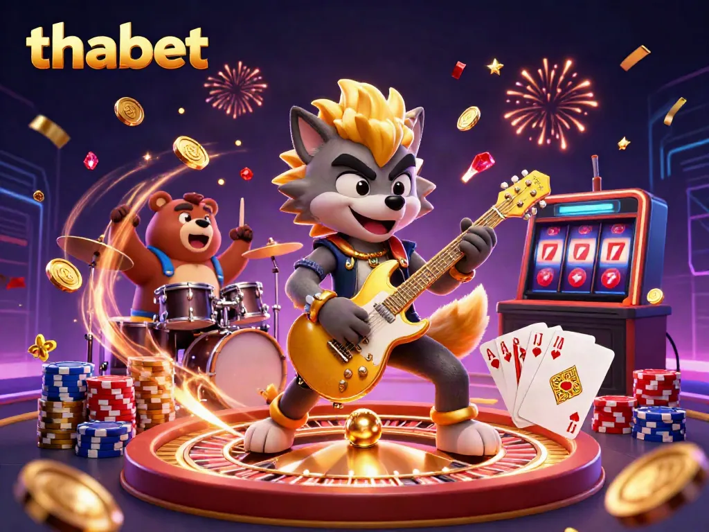 Experience the thrill of thabet with energetic characters and vibrant casino elements in this exciting 3D illustration.
