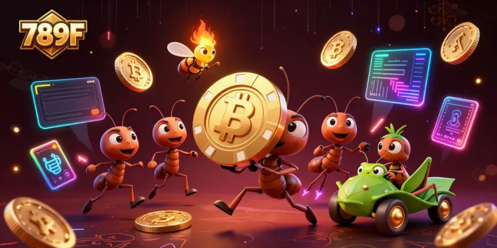 Engage in thrilling action with 789F as ants mastermind a heist with a giant golden poker chip.