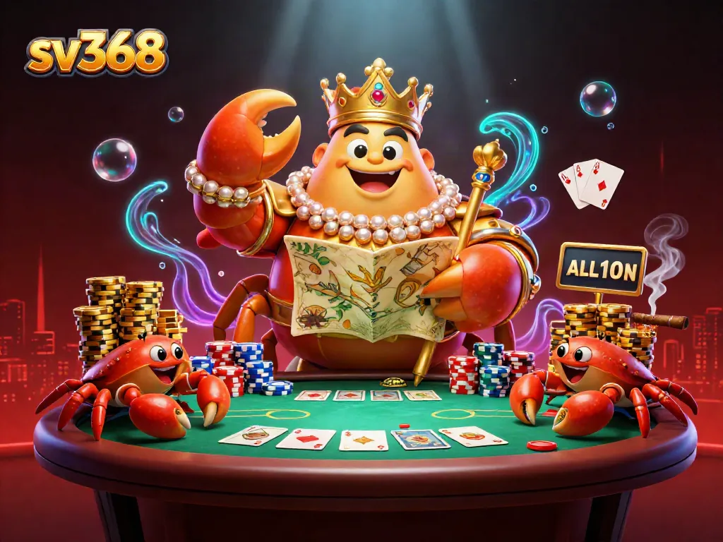 Experience thrilling gameplay at sv368 with a golden crab emperor leading a vibrant casino scene.