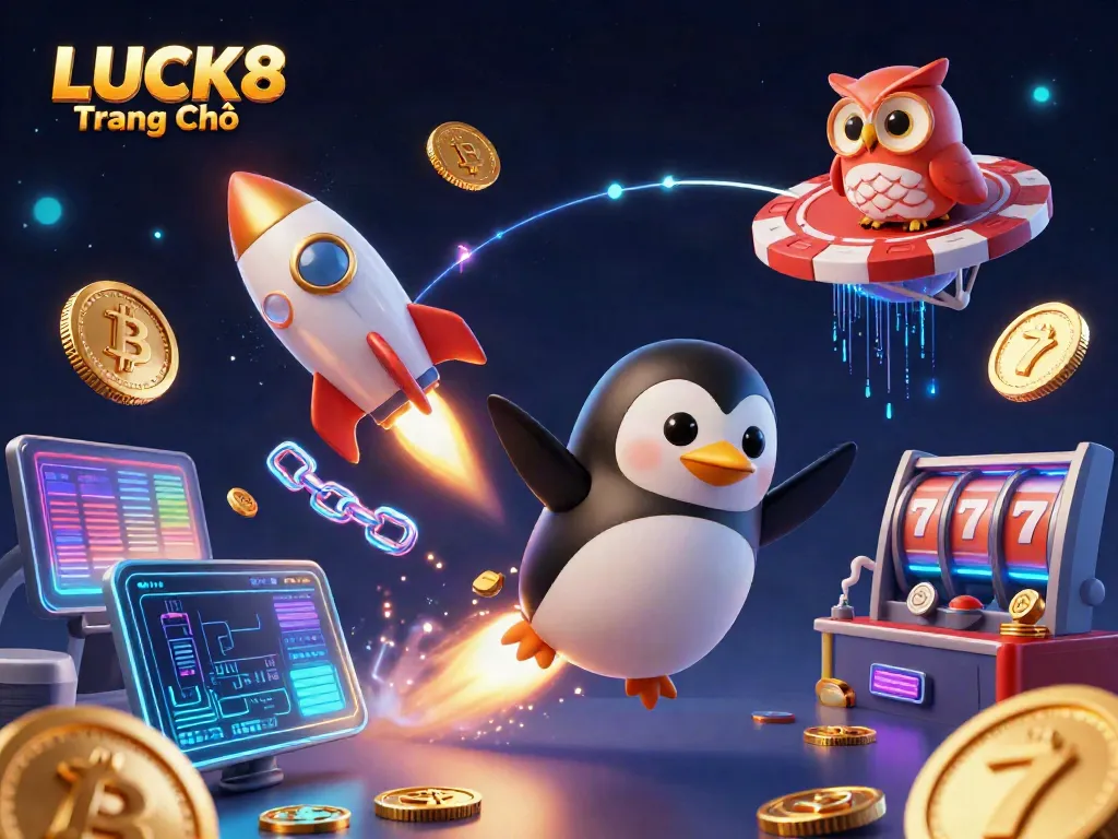 Win big with LUCK8 Trang Chủ featuring a golden penguin and casino space station amidst neon cryptocurrency elements.