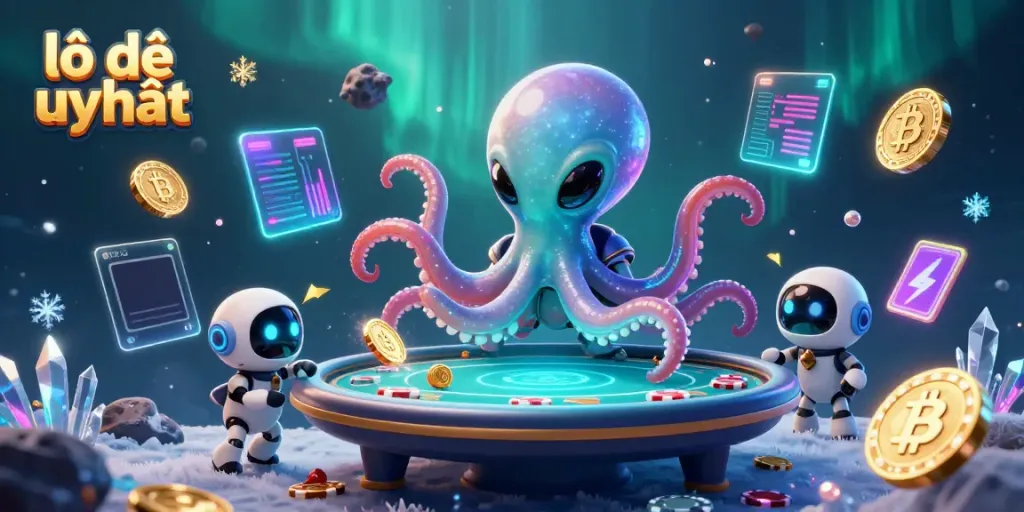Engage in thrilling online betting with lô đề uy tín in this dynamic 3D illustration of an alien octopus at a poker table.