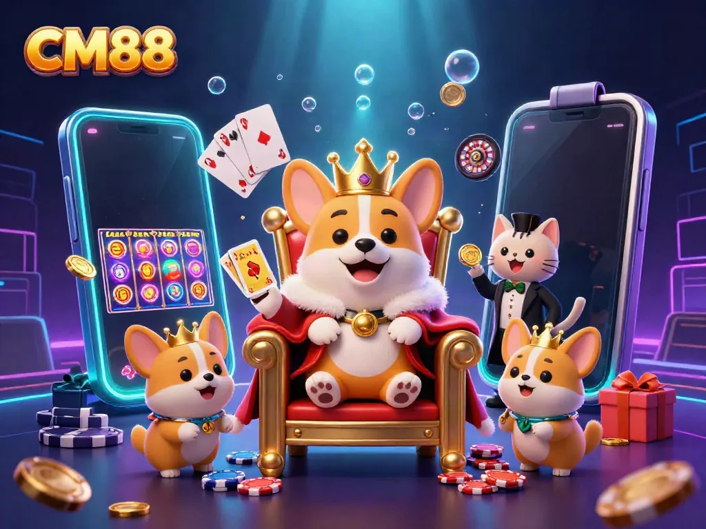 Experience exciting casino adventures with CM88 as playful corgis reign atop their poker chip throne.