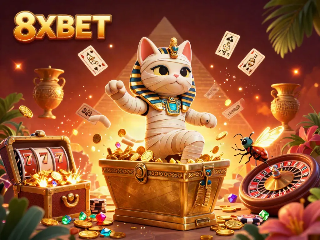Experience thrilling gameplay at 8XBET with vibrant casino adventures featuring a cartoon mummy cat.