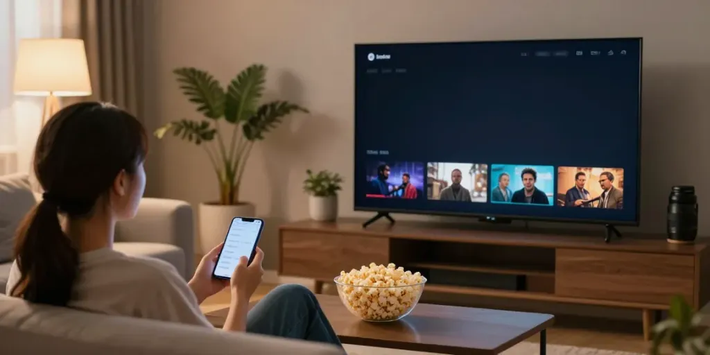 Enjoying movies on this website in a cozy living room with a mobile device.