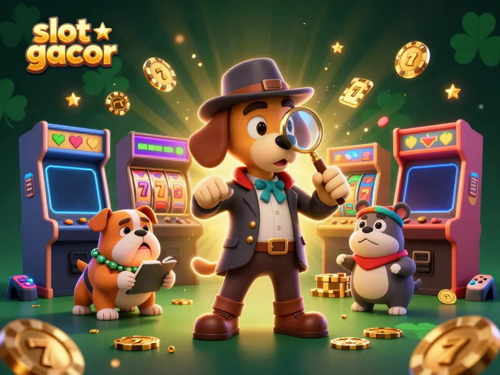 Engage with slot gacor by exploring the detective's uncovering of casino treasures in this vibrant illustration.