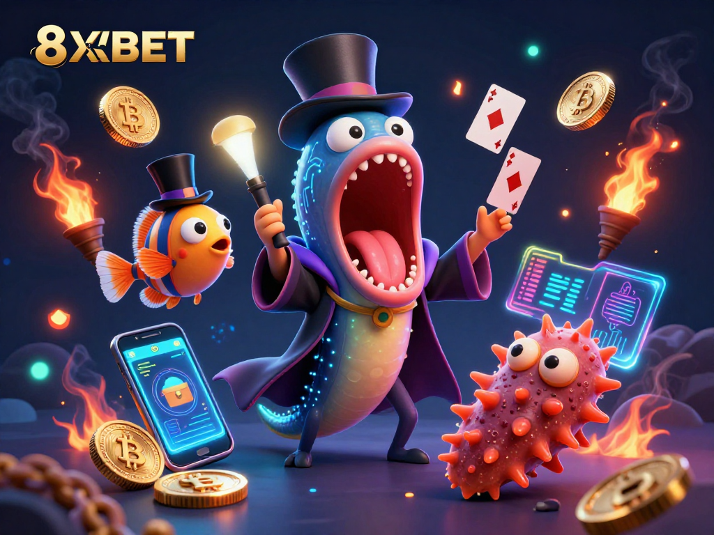 Engage in thrilling games at 8XBET featuring dynamic digital elements and vibrant casino characters.