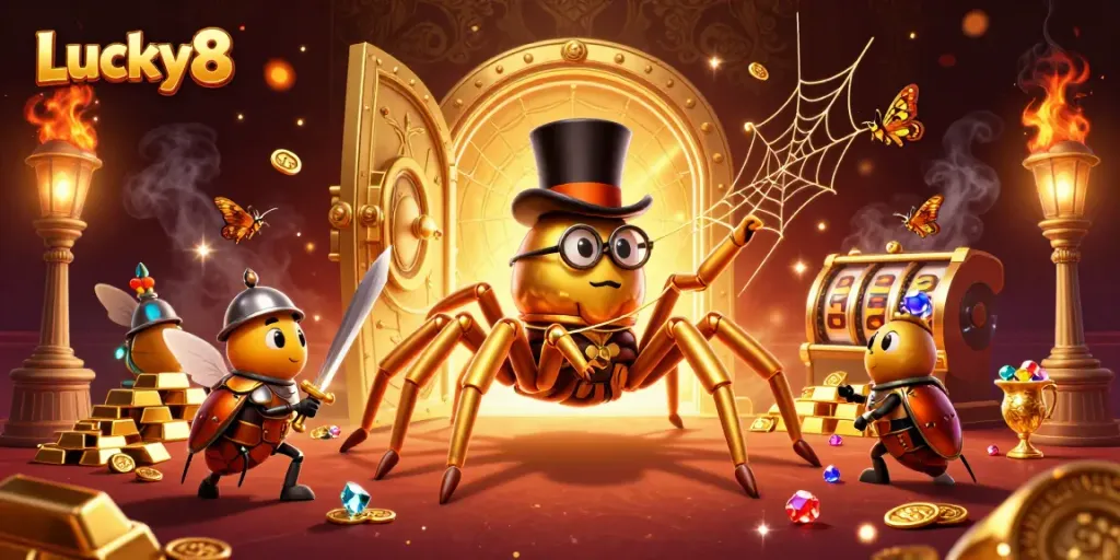 Engage with the vibrant Lucky8 casino scene featuring a golden tarantula, heroic beetle knight, and dazzling treasures.