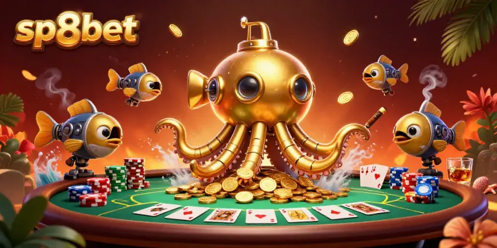 Engage with sp8bet's vibrant casino experience featuring the kraken submarine amidst poker elements.