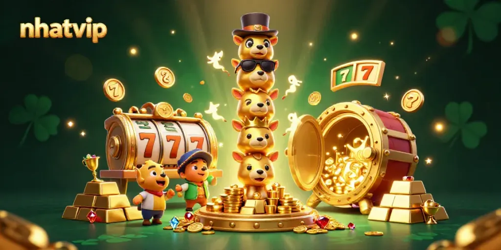 Engage with the exciting world of nhatvip, featuring a vibrant casino-themed illustration with slot reels and golden treasures.