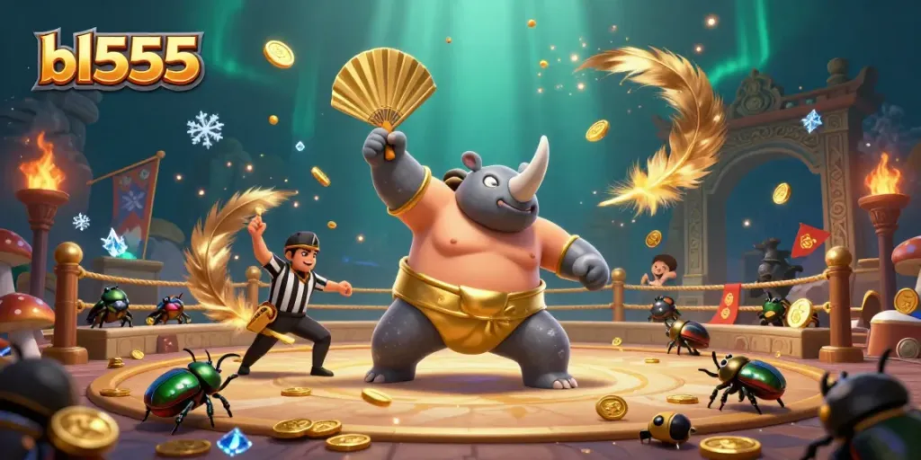 Experience the thrill of bl555 as a beetle sumo champion sends coins flying in a dynamic casino scene.