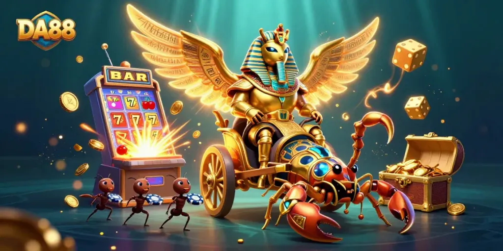 Engage and win big with DA88 at the vibrant slot machine, surrounded by an enchanting 3D casino atmosphere.