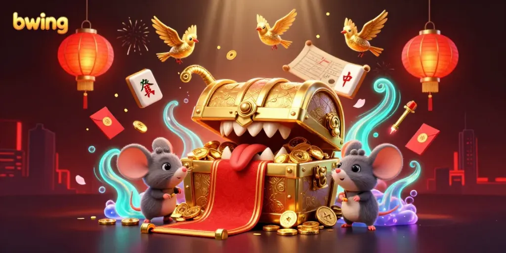 Bwing attracts gamblers with a vibrant 3D casino scene adorned with treasures and dynamic gaming elements.
