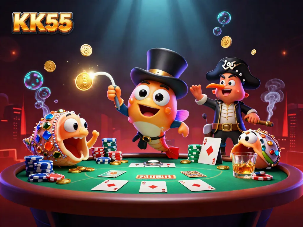 KK55 engages players with creative 3D illustration, highlighting casino excitement and vibrant characters.