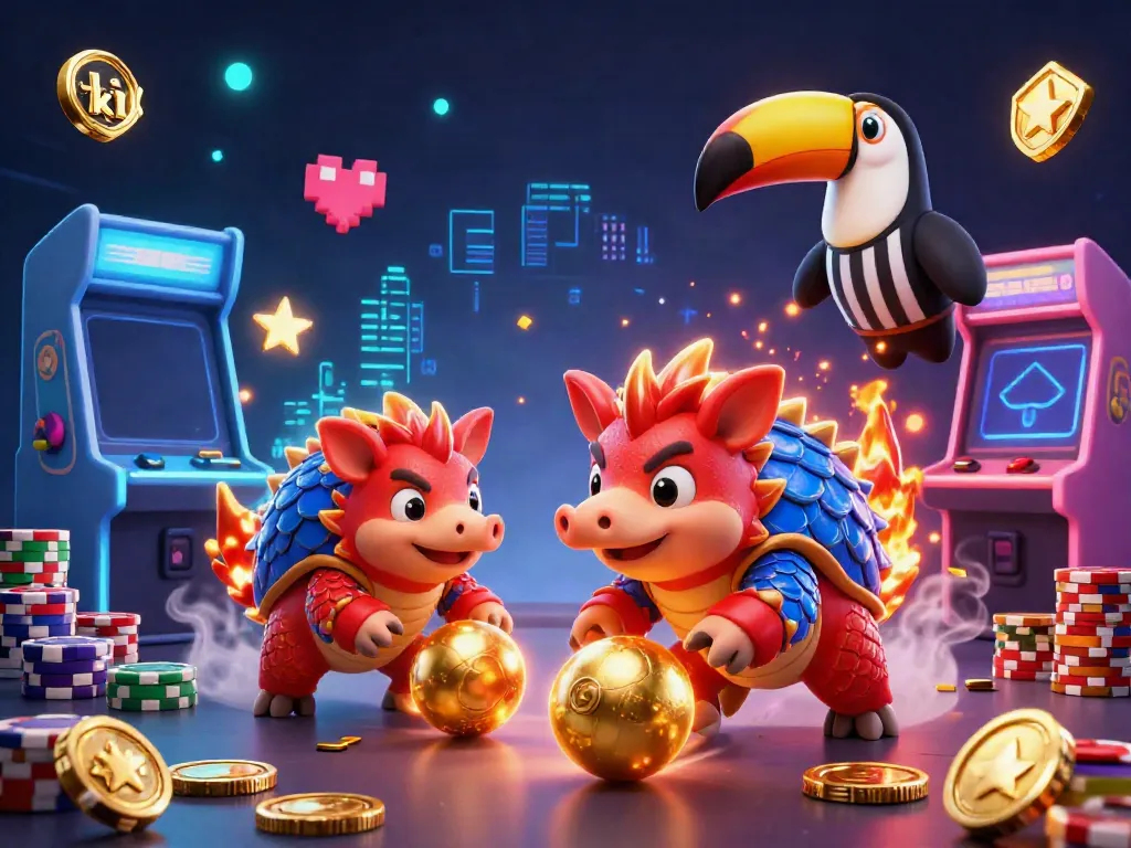 Engaging scene of tk11 pangolins rolling golden balls and bowling through poker chips, celebrating casino-themed gaming.