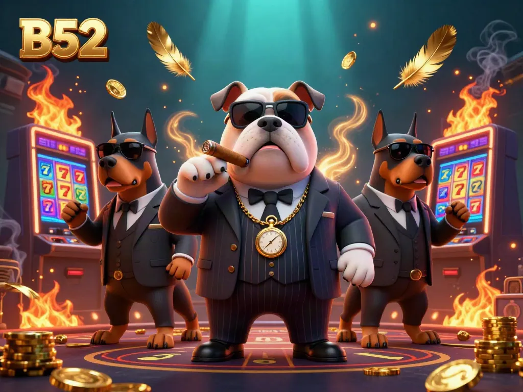 B52 casino scene featuring a mafia bulldog boss and Doberman guards surrounded by vibrant slot machines and winning tokens.