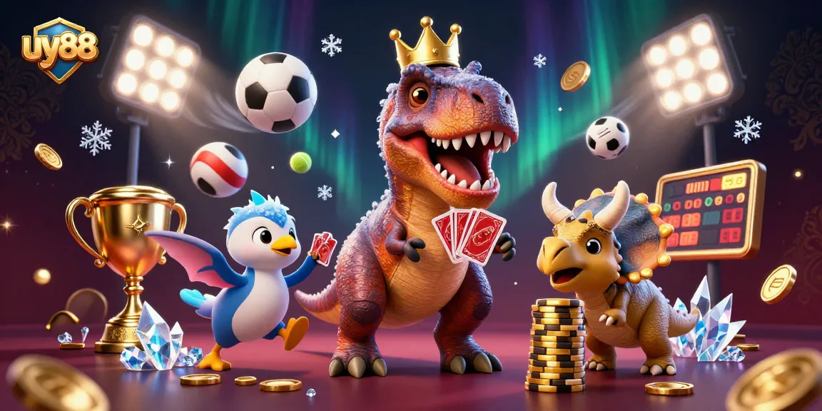 Engage in thrilling gameplay at uy88 with friendly dino characters shuffling cards and stacking chips.
