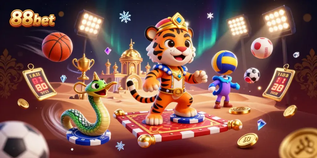 Engage with the excitement of 88 bet in a dynamic Arabian-themed 3D casino scene.