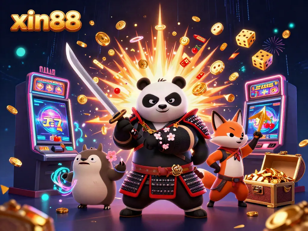 Experience excitement at xin88 with a vibrant scene of samurai panda and ninja fox amidst explosive casino action.