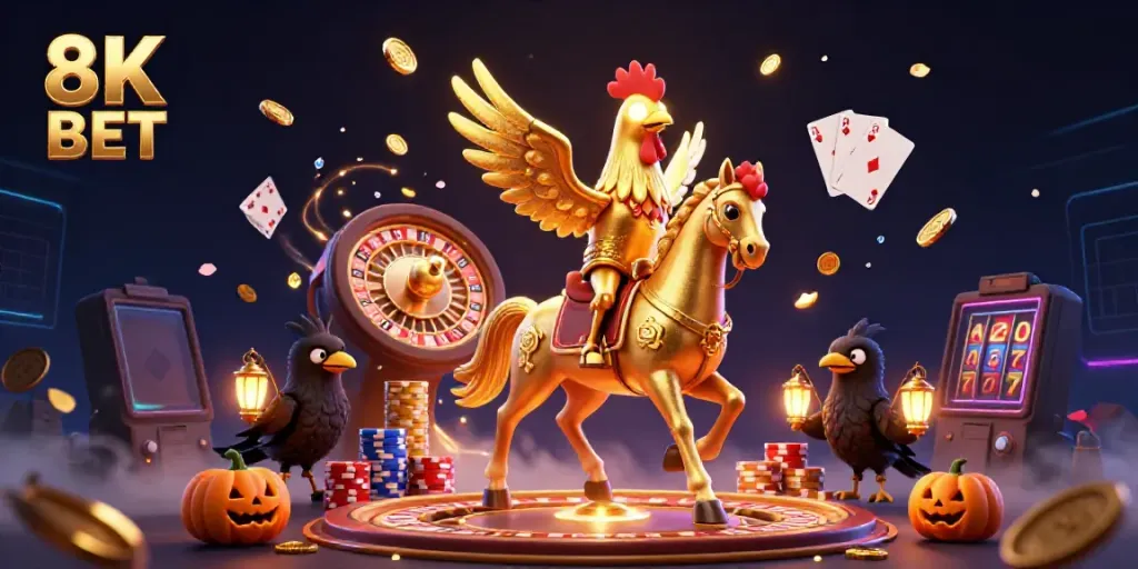 Experience the vibrant energy of 8K BET with a golden rooster riding through a mystical casino, surrounded by dynamic game elements.