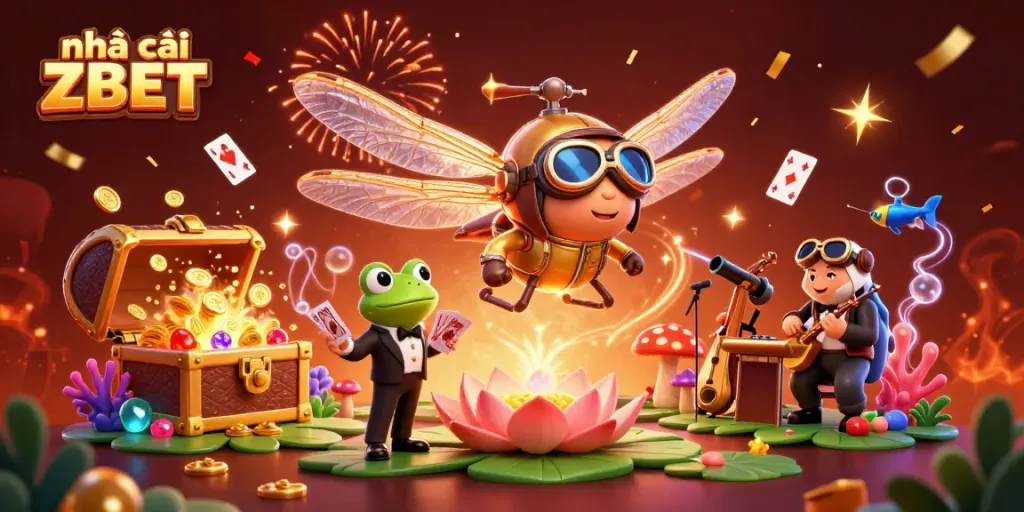 Engaging scene featuring the nhà cái ZBET with a dragonfly pilot, frog dealer, and jazz musicians, celebrating the excitement of gaming.